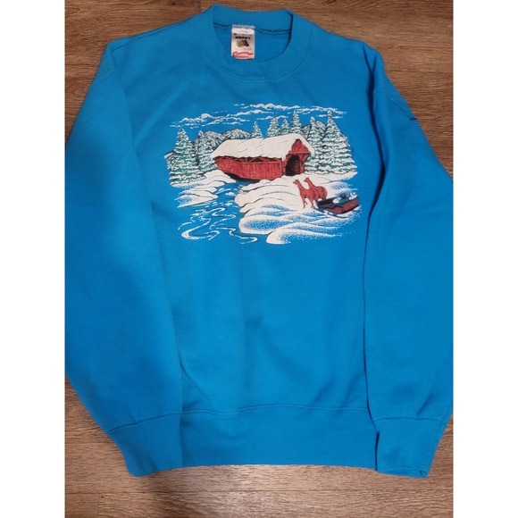 Fruit of the Loom Tops - vtg 80s Fruit Of The Loom Graphic‎ Sledding Sz M Turquoise 50/50 Made In USA